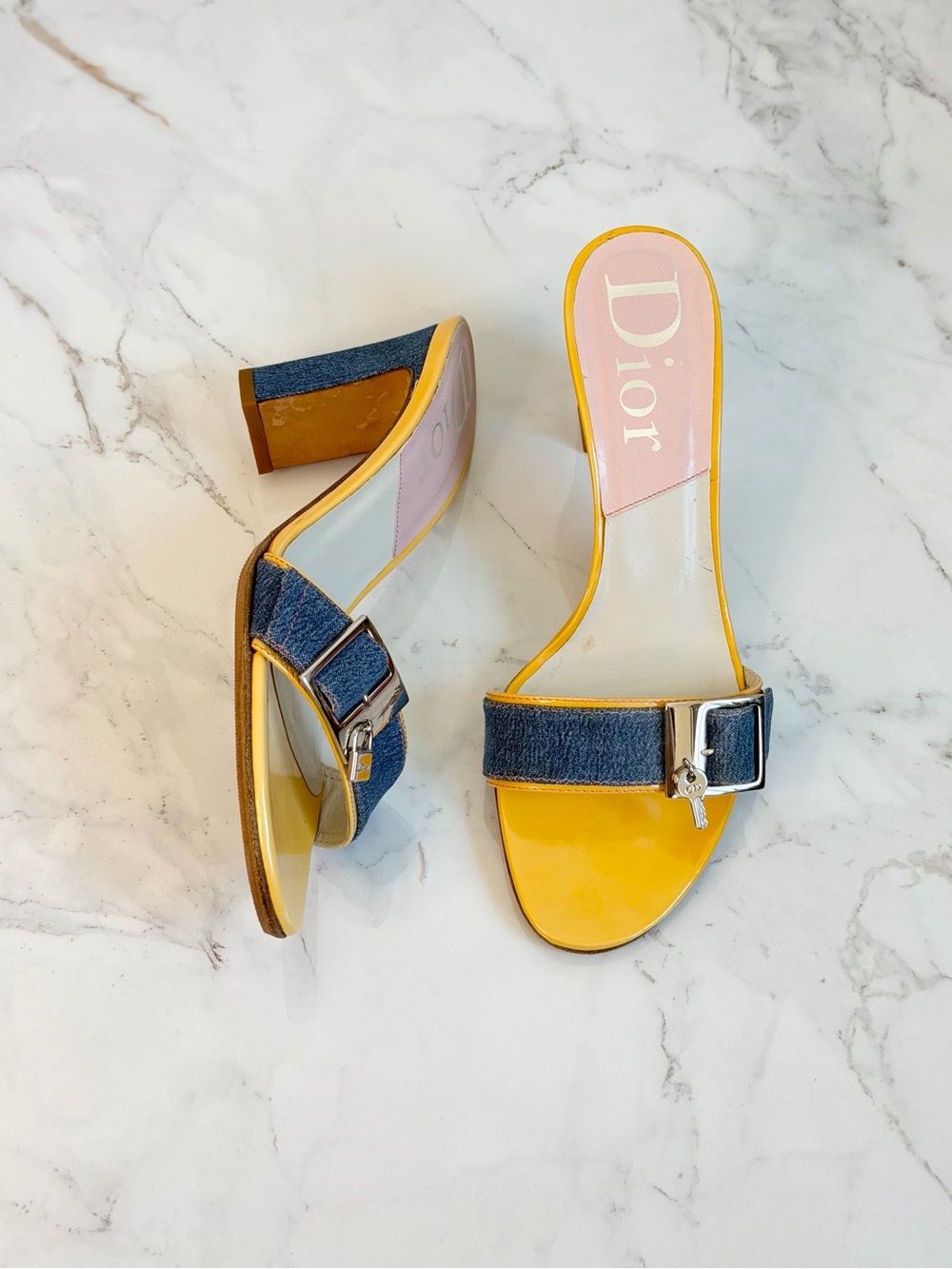 EUC 2002 Christian Dior Galliano Lock & Key Denim Pink Yellow Heel Mules